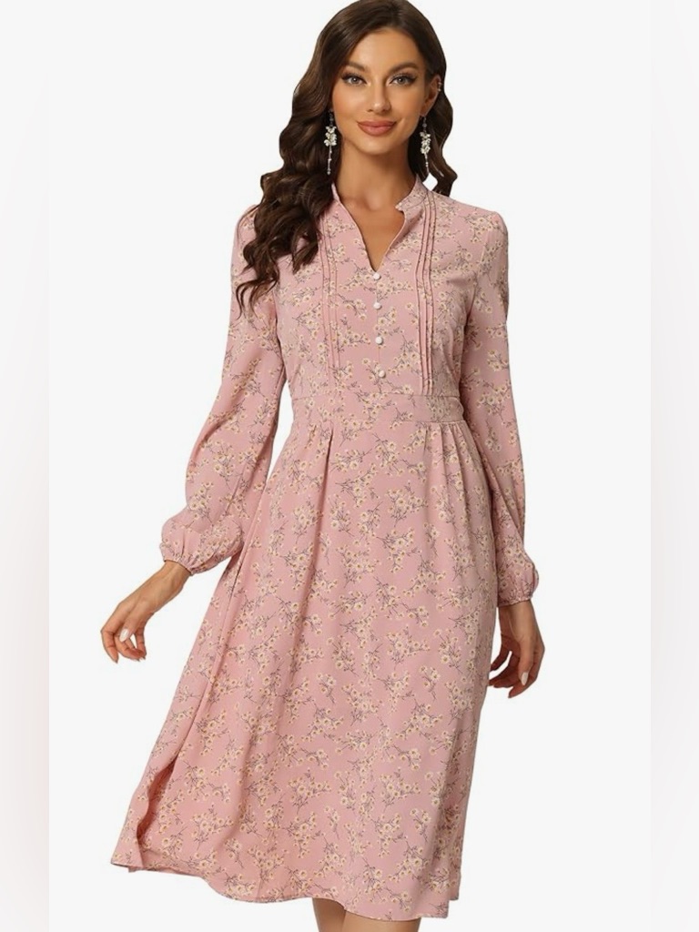 Allegra K Pink Floral Long Sleeve Boho Flowy Spring Dress